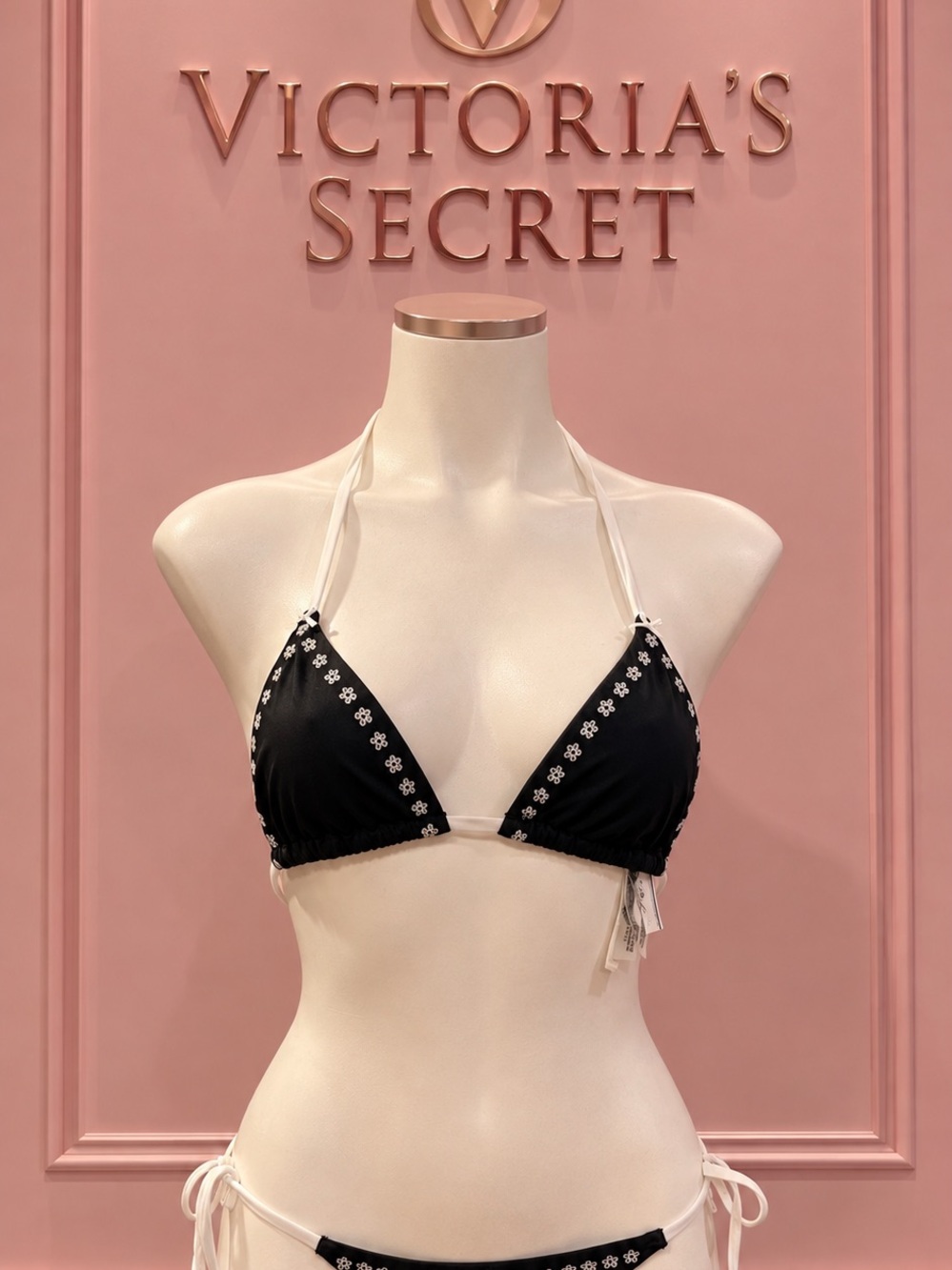 PINK Victoria's Secret Black Triangle Bikini Top with White Daisy Trim